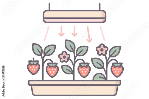 Indoor strawberry garden with grow lights showcasing vibrant plants and flowers during spring season