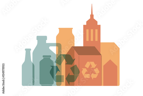 Sustainable urban living with recycling efforts represented by buildings and containers in a colorful composition