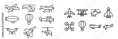 Diverse range of air transportation icons depicting various aircraft types, including planes, helicopters, and drones