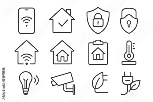 Icons representing smart home technology and security features including connectivity, safety, and energy management