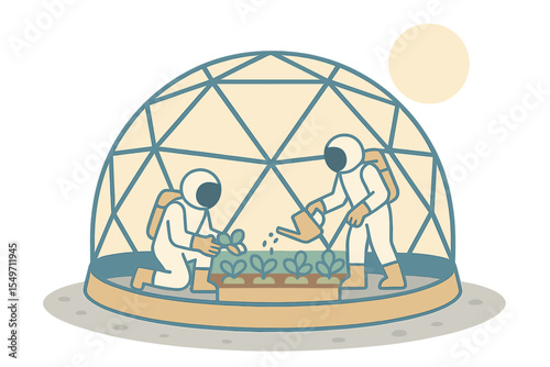 Astronauts cultivating plants in a lunar greenhouse during a space exploration mission