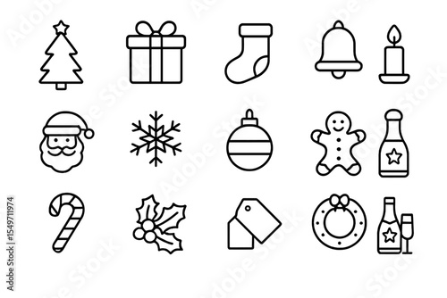 Festive holiday symbols including a tree, gifts, and seasonal decorations for cheerful celebrations