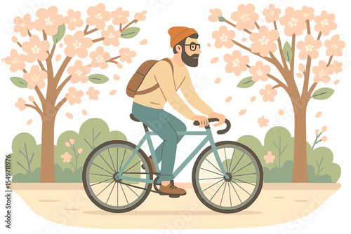 Enjoying a leisurely bike ride among blooming cherry trees in a vibrant spring landscape