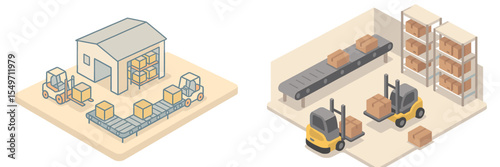 Warehouse operations with forklifts and conveyor belts managing package sorting and distribution activities
