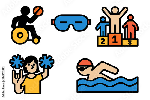 Diverse sports activities showcasing wheelchair basketball, swimming, and team spirit during a competitive event