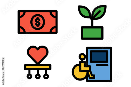 Symbols representing financial growth, sustainability, health, and accessibility in modern society