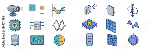 Collection of modern tech and science icons illustrating various concepts in electronics and physics in a clean layout
