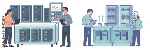Data center technicians manage servers and equipment in a modern technology facility during daytime operations