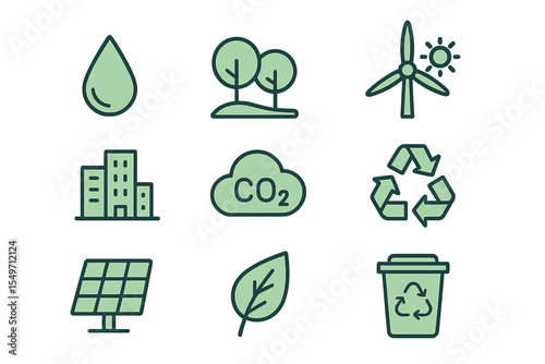Nature icons representing sustainability concepts like renewable energy, greenhouse gases, and environmental conservation efforts