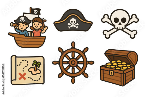 Children enjoying a pirate adventure with a ship, treasure chest, and map during a sunny day at a park event