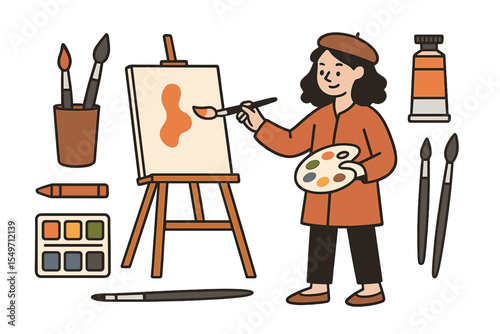 Happy artist creating a vibrant painting in a cozy studio environment during a sunny afternoon