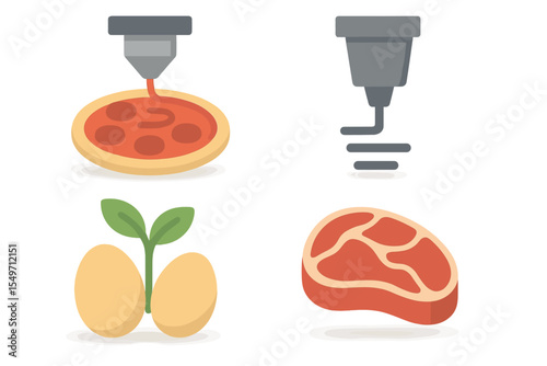 Innovative food printing technology showcases pizza, eggs, meat, and plants in a modern kitchen setup