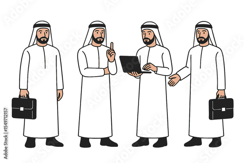 Businessman in traditional attire engaging in various professional activities in a modern setting