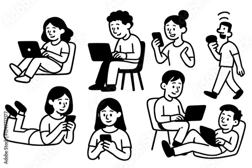 Group of diverse individuals engaged in various activities using laptops and mobile devices in a modern workspace