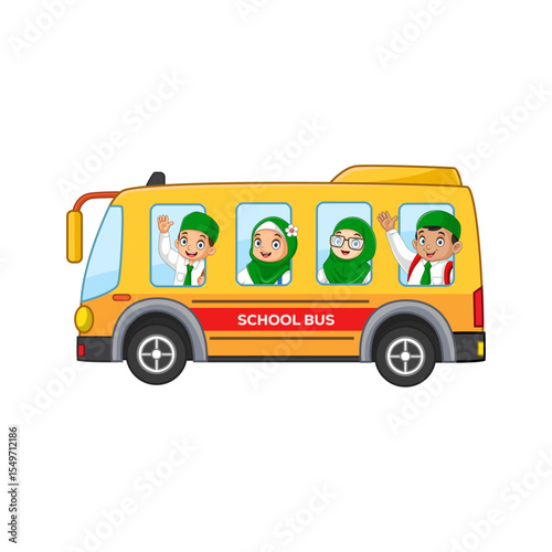cartoon school bus carrying kindergarten children