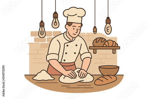 Chef preparing dough in a rustic bakery kitchen with bread on display and warm lighting