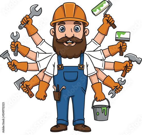  Multitasking Handyman with Many Arms Holding Various Tools, Contractor, Skilled Tradesman, Home Repair Expert, Painting, Carpentry, Plumbing, All-in-One Service, Efficiency.