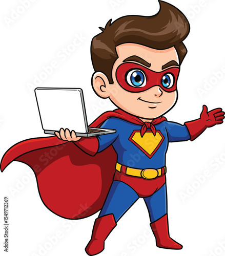 Tech Superhero Boy with Laptop and Cape, Digital Hero, Online Power, Information Technology Expert, Computer Whiz, Web Savior, Internet Champion, Digital Solutions Provider.