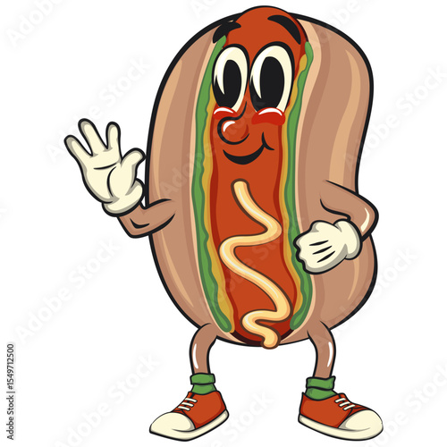 cute hot dog mascot cartoon vector illustration wave hands, funny fast food character isolated on transparent background, work of hand drawn