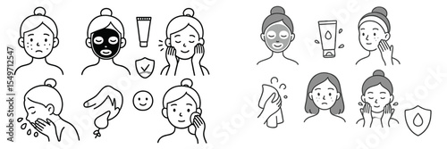 Various skincare routines illustrated for different skin types and concerns in a minimalistic style