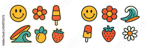 Colorful summer-themed stickers featuring cheerful symbols of joy and nature captured in a playful design