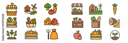 Colorful representation of farm produce and market goods in a vibrant illustration style