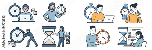 Time management techniques illustrated by diverse characters engaged in various activities