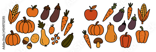 Colorful arrangement of autumn vegetables and fruits on a white background during harvest season
