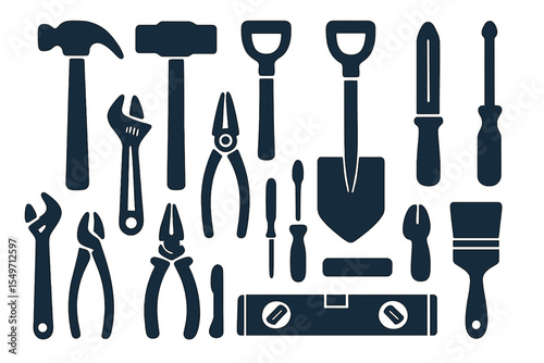 Various hand tools arranged neatly on a white background ideal for construction or DIY projects