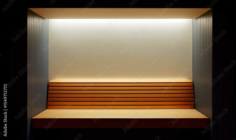 Fototapeta premium Modern indoor sauna with wooden bench, warm dimmed lighting, minimalistic design, relaxing atmosphere, and clean lines for luxurious spa experience