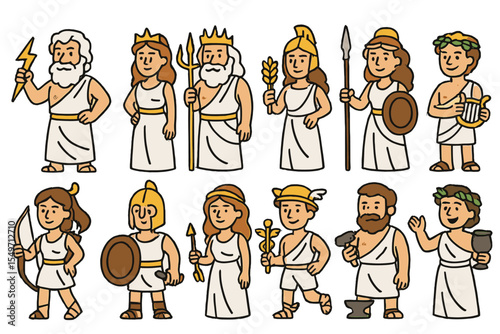 Group of cartoon characters dressed as Greek gods and heroes in ancient attire with various props