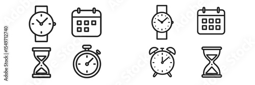 Various timekeeping tools including watches and calendars arranged in a grid format showcasing their functions and styles