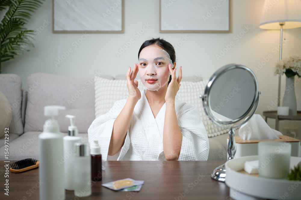 Asian woman pampering herself with facial treatment, surrounded by skincare essentials. Self care concept. Asian woman pampering herself with facial treatment, surrounded by skincare essentials. Self care concept.