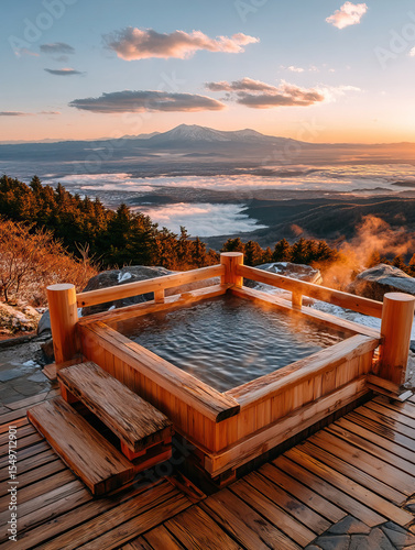 Outdoor mountain onsen wooden hot spring bath sunrise misty landscape tranquil relaxation scenic view natural spa steam peaceful atmosphere