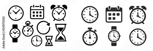Various clock and time-related icons displayed in a clean layout showing different timekeeping devices and their styles