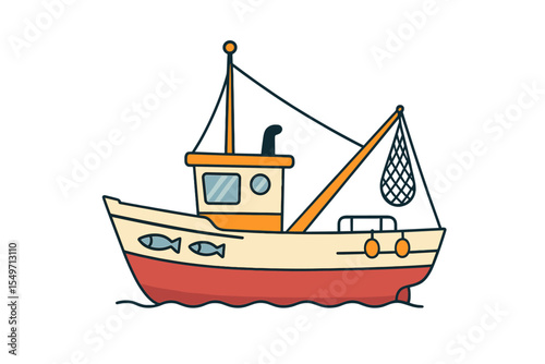 Fishing boat sails in calm waters with nets and catches on board during a sunny day by the shore