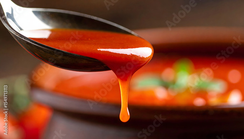 Spoon sauce tomato closeup macro red liquid dripping kitchen food delicious fresh meal cooking ingredient healthymeal preparation soup pot ladle