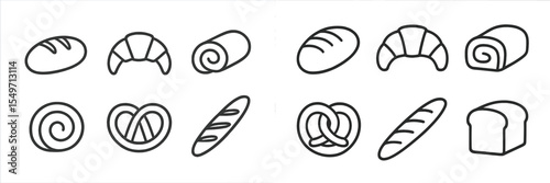 Baked goods assortment displayed with various types of bread and pastries on a simple background