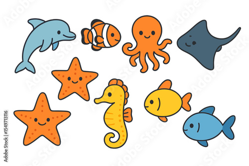 Colorful cartoon sea creatures including dolphins, fish, and starfish in a playful marine setting