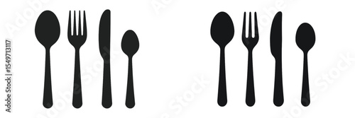 Black utensil silhouettes on a clean background showcasing various cutlery shapes and sizes for dining purposes