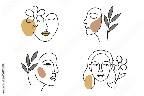 Stylized line art representations of women?s faces embellished with flowers and leaves