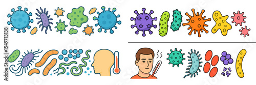 Vibrant depiction of microscopic organisms and health-related signs in a colorful educational illustration