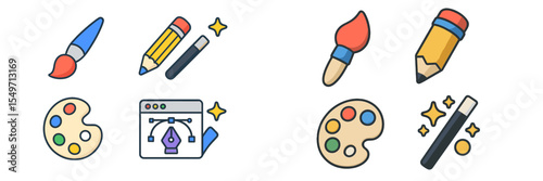 Colorful art tools and digital design elements displayed together on a bright background for creative inspiration