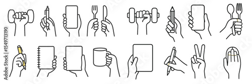 Illustrations showing various hand gestures holding fitness, kitchen, and stationery items in a creative layout