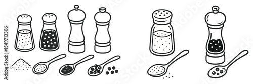 Different types of seasoning containers and their contents displayed on a clean surface