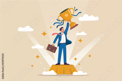 Businessman holding a trophy isolated on transparent background