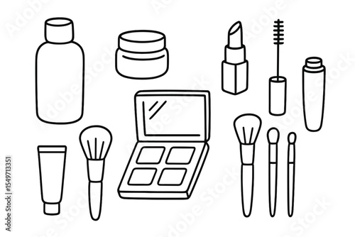 Collection of cosmetic and skincare items arranged for beauty routine preparation
