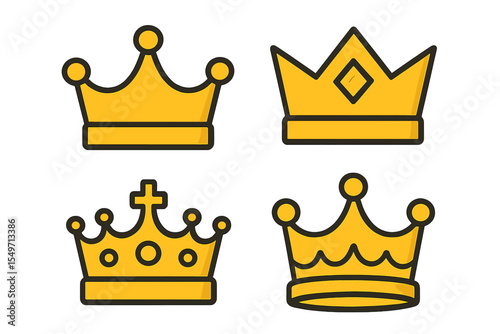 Various crown designs illustrated in a simple and colorful style suitable for decorative use or graphic projects