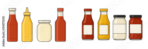 Collection of condiment bottles on a countertop representing various flavors and uses during meal preparation