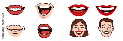 Expressions of joy and happiness illustrated with various smiling faces and mouth designs in vibrant colors